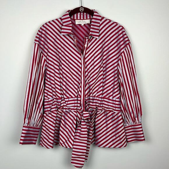Pearl by Lela Rose small striped belted button down cotton blouse - Picture 1 of 10